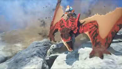 Personnage chevauchant un dragon rouge dans un environnement rocheux.