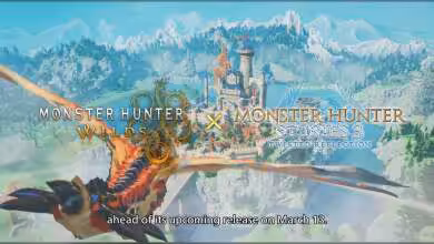 Dragon volant vers un château avec logos Monster Hunter Wilds et Stories 3.