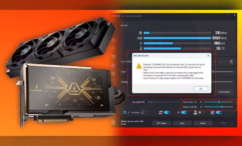 MSI Afterburner 4.6.7 Beta 2 active GPU Safeguard+ et prend en charge les RTX 5090 LIGHTNING 1 MSI Afterburner interface avec carte graphique et écran lumineux, fond orange vif contrasté