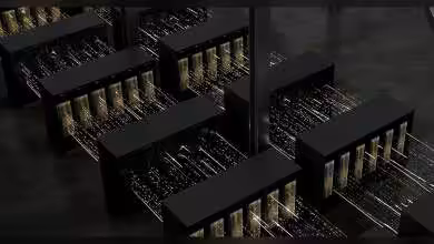 Vue d'ensemble de serveurs de données noirs avec câblage lumineux.