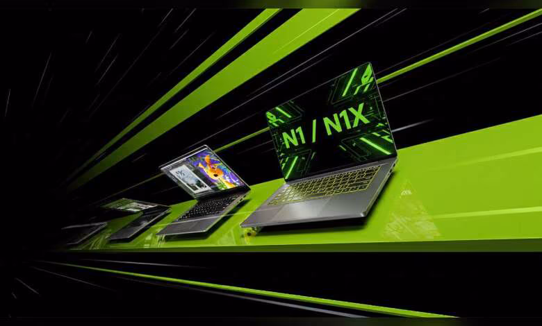 NVIDIA N1/N1X Arm pour laptops visent un lancement au 1er semestre 2026 1 Laptops NVIDIA N1/N1X sur fond vert noir avec éclairage dynamique