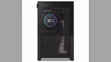 Vue avant du PC NZXT H2 Mini avec éclairage LED circulaire, fond noir contrasté