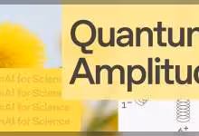 Graphisme jaune avec texte "Quantum Amplitude" et éléments scientifiques en arrière-plan