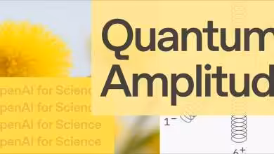 Graphisme jaune avec texte "Quantum Amplitude" et éléments scientifiques en arrière-plan