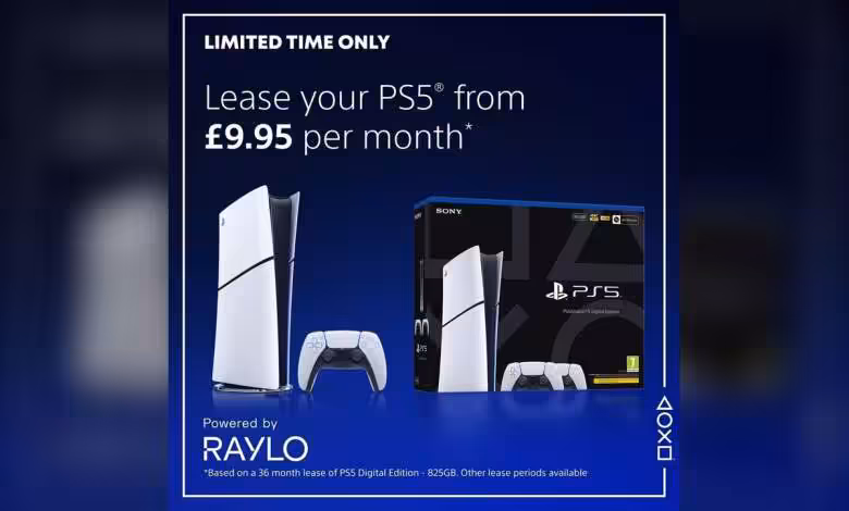 PS5 leasing au Royaume-Uni : à partir de 9,95 £/mois, options 12 à 36 mois et rolling 1 Console PS5 avec manette et boîte, offre leasing à 9,95 £/mois
