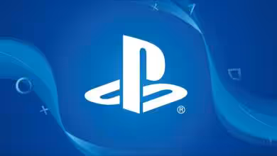 Logo PlayStation blanc sur fond bleu avec motifs de boutons flottants