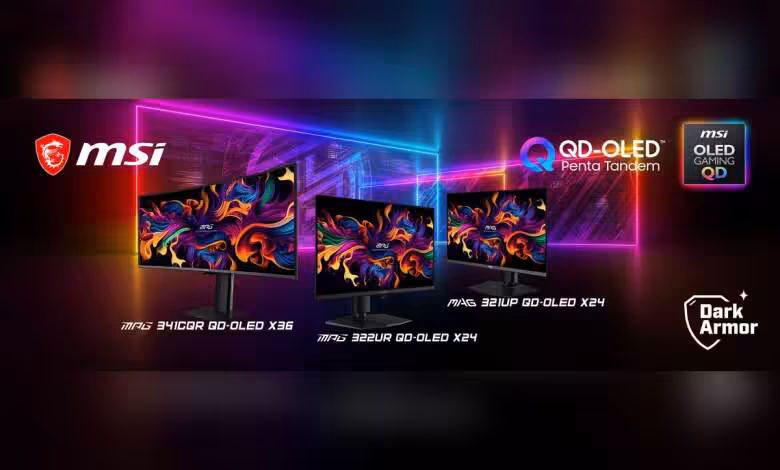 Moniteurs OLED : les livraisons bondissent de 78 % sur un an au 1er trimestre 2026 1 Moniteurs MSI QD-OLED Penta Tandem 34 pouces et 32 pouces avec design lumineux et logo MSI.