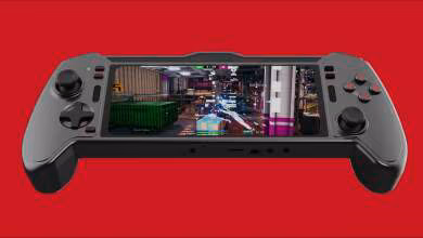 Console de jeu portable sur fond rouge vif avec écran affichant un jeu vidéo