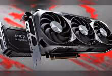 Carte graphique AMD Radeon avec triples ventilateurs et fond rouge contrasté