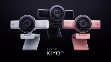 Caméras Razer Kiyo V2 en finitions Quartz, White et Black sur fond noir