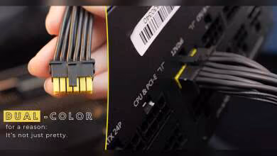 Connecteur 16 broches MSI avec embouts jaunes, cadrage serré, lumière vive fond sombre