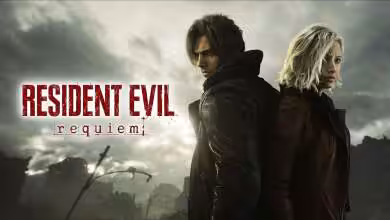 Deux personnages avec fond apocalyptique et logo "Resident Evil Requiem".
