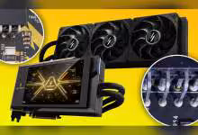 Carte graphique avec refroidissement liquide, design moderne, fond jaune vif, contrastes forts