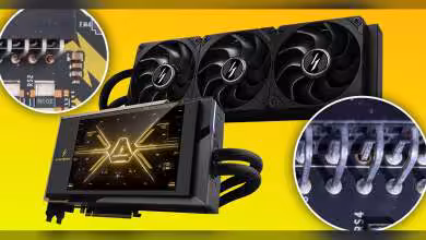 Carte graphique avec refroidissement liquide, design moderne, fond jaune vif, contrastes forts