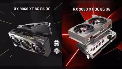 Deux cartes graphiques RX 9060 XT avec design contrasté et éclairage sur fond noir et rouge