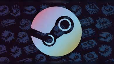 Logo Steam sur fond de motifs technologiques, couleurs vives, contraste élevé