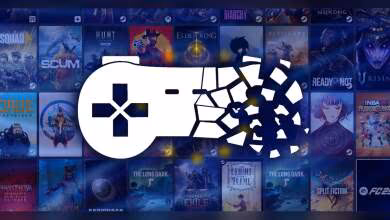 Logo manette blanche brisée sur fond de jeux vidéo, tons bleus contrastés