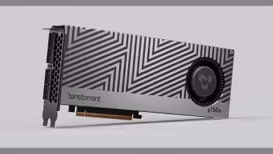 Carte graphique Tenstorrent Blackhole p150a design monochrome fond gris clair contrasté