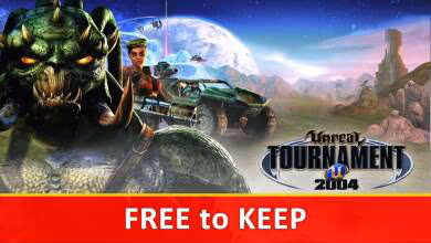 Image promotionnelle d'Unreal Tournament 2004 avec personnages et véhicule futuriste, texte "FREE to KEEP"