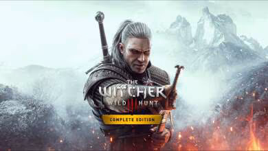The Witcher 3 Complete Edition avec Geralt épée en main et montagnes enneigées.