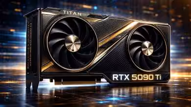 Image générée par IA représentant un concept de carte graphique NVIDIA TITAN Blackwell ou RTX 5090 Ti, avec un design haut de gamme noir et doré, double ventilateur et éclairage futuriste, illustrant une rumeur autour d’un modèle très haut de gamme.