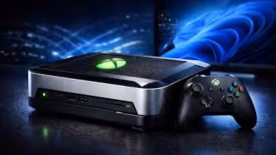Image conceptuelle générée par intelligence artificielle représentant une console de jeu next gen au format compact type Steam Machine, posée dans une ambiance sombre et contrastée, avec un design minimaliste et une mise en lumière mystérieuse.
