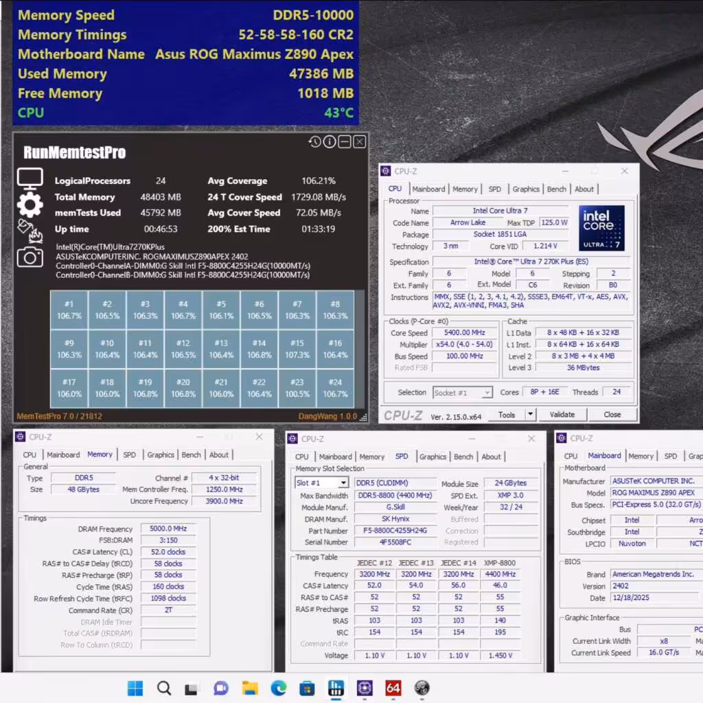 la Z890 Apex associée au Core Ultra 7 270K Plus parvient à stabiliser la DDR5 à 10 000 MT/s 2 Z890 Apex + 270K Plus DDR5 10000 memtestpro