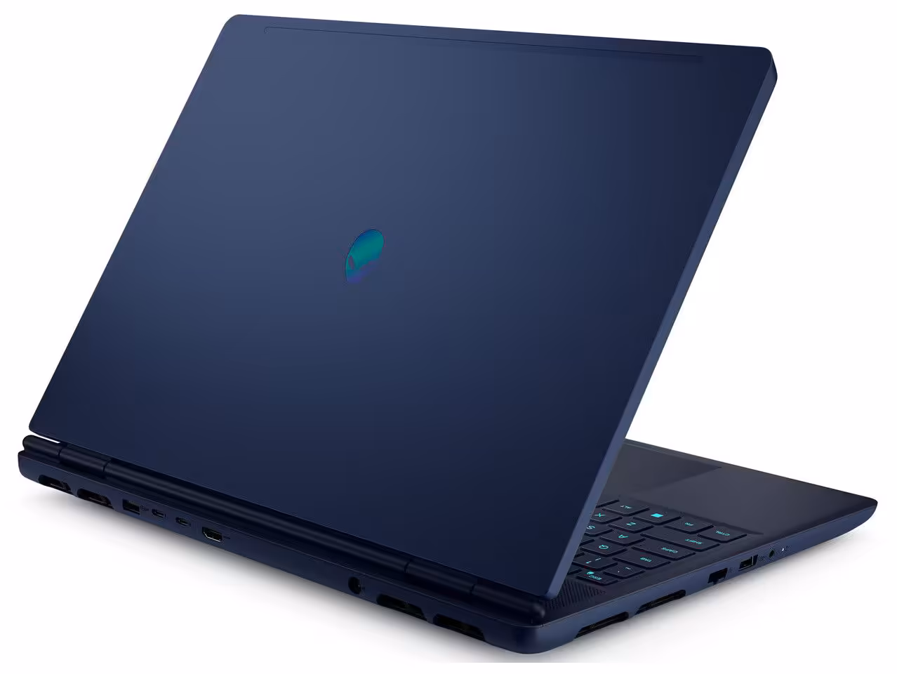 Vue de l'arrière d'un Alienware fermé avec logo lumineux.