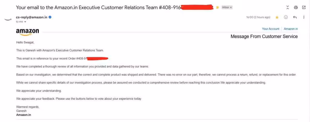 Capture d'écran d'un email Amazon concernant une réclamation