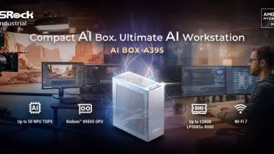 Publicité ASRock AI BOX-A395 décrivant caractéristiques clés et capacités de l'appareil.