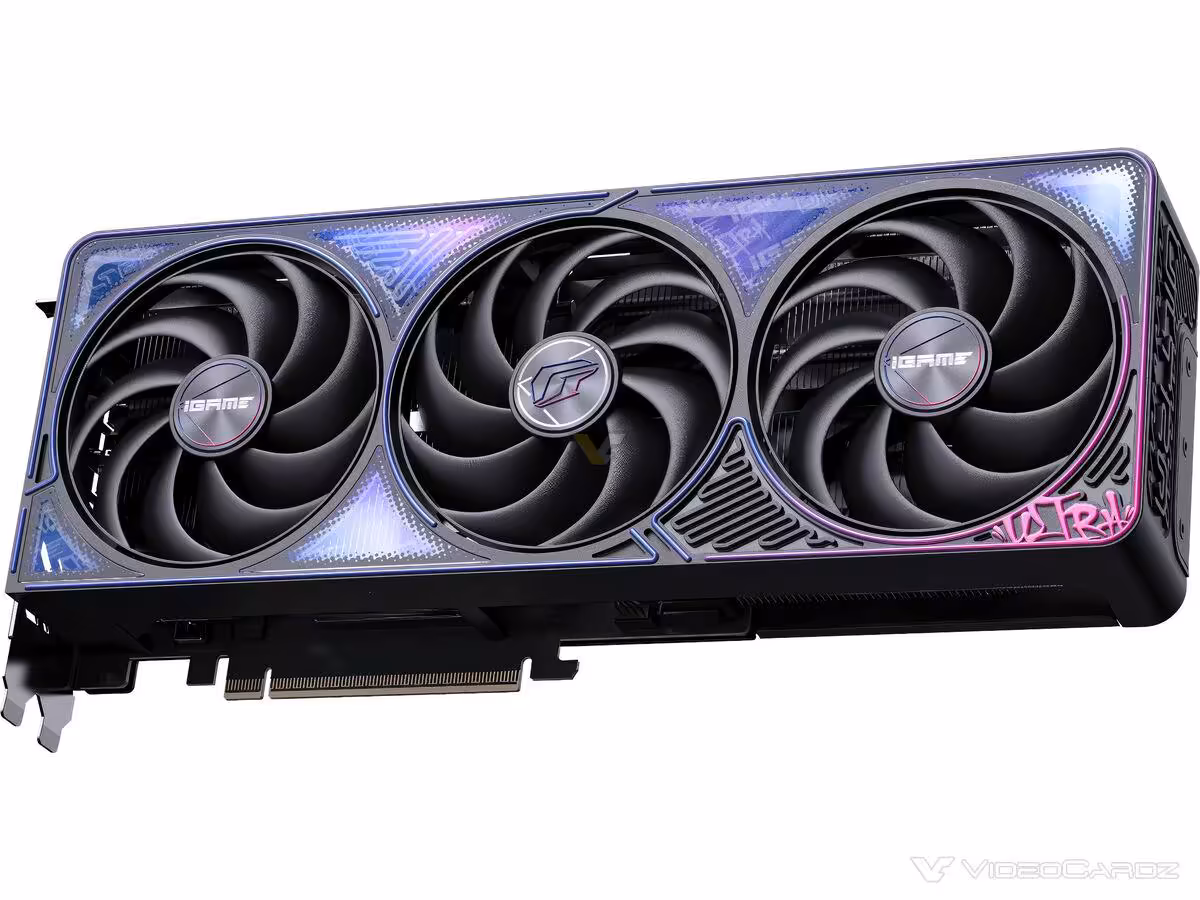 Carte graphique Colorful RTX 5070 Ti iGame ventilateurs triples, fond gris, faible contraste