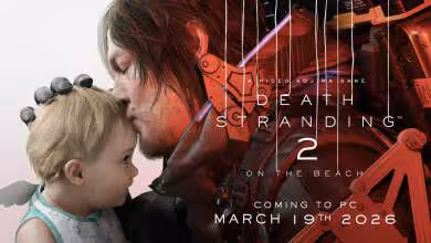 Affiche Death Stranding 2 avec personnage principal et enfant, tons doux et texte.