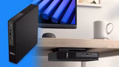 Dell Pro 5 Micro Mini-PC sur bureau avec fond bleu vif et mug blanc à côté