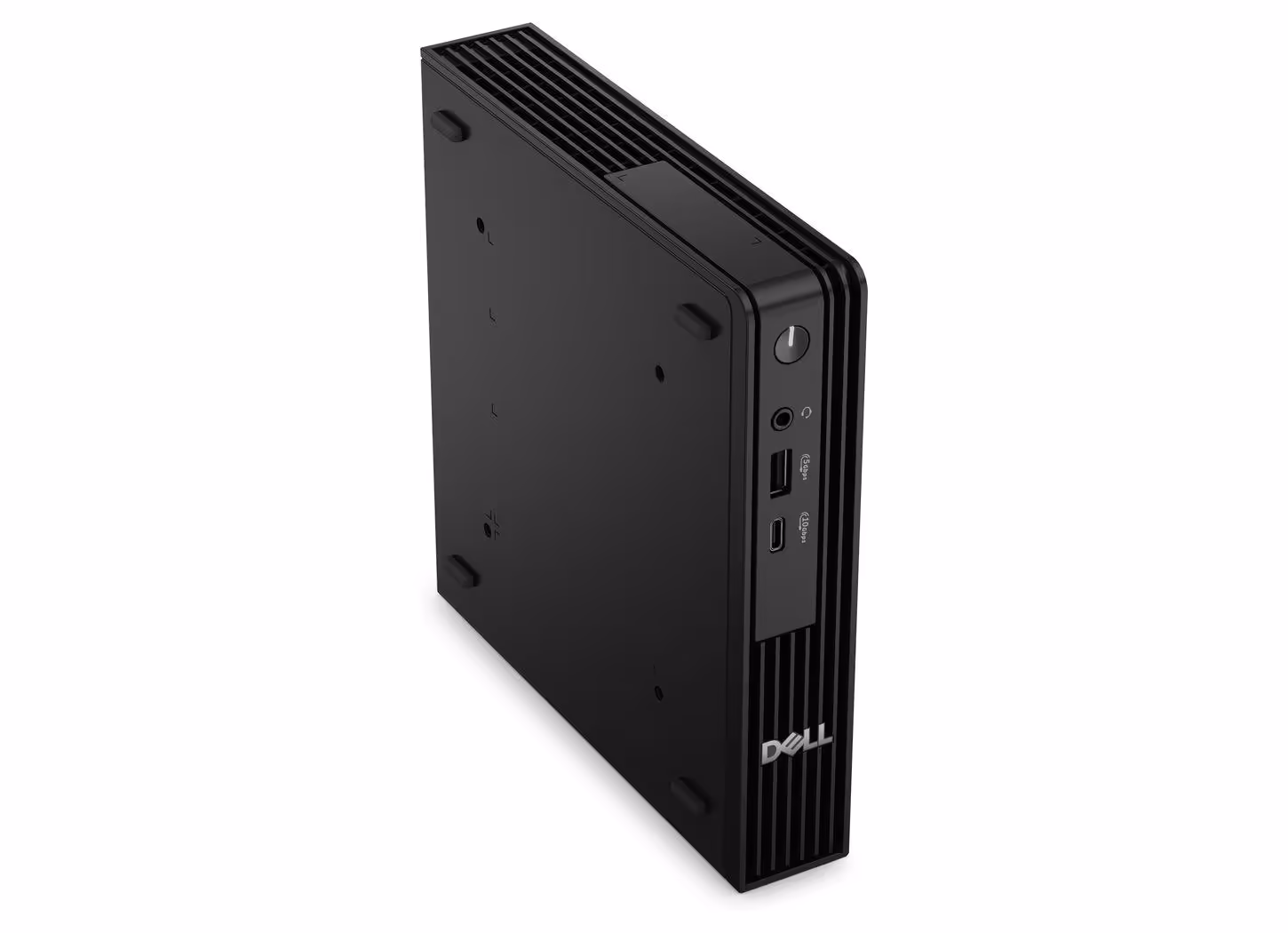 Dell Pro 5 Micro en vue inclinée montrant design compact, fond blanc