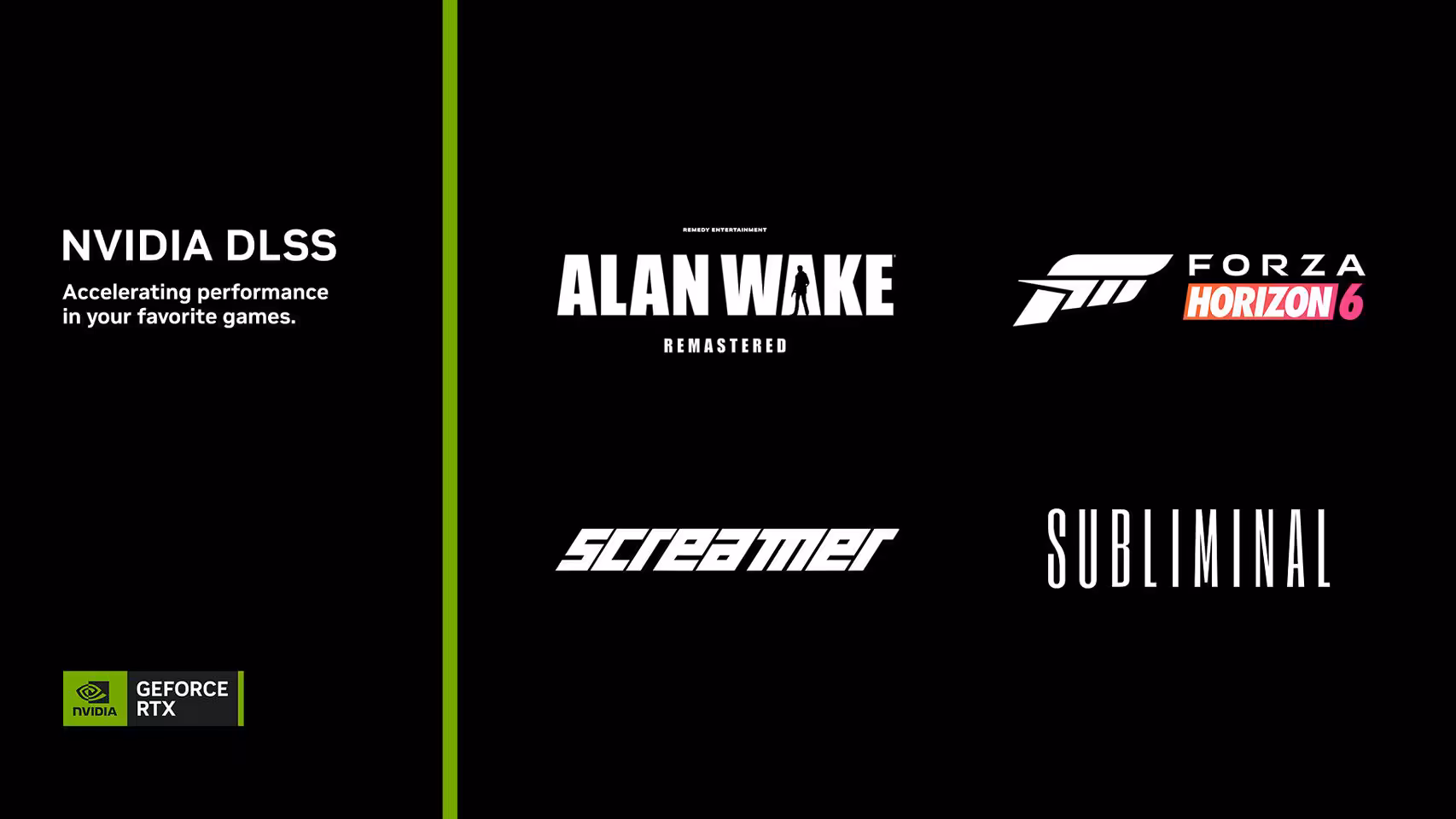 Logos de jeux supportant NVIDIA DLSS, incluant Forza Horizon 6 et Screamer