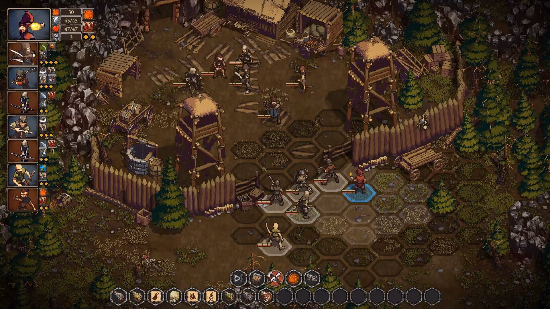 Scène de bataille près de structures en bois fortifiées.