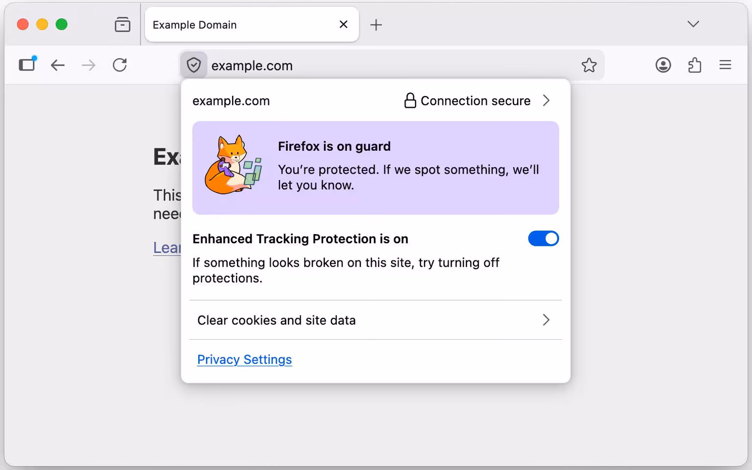 Fenêtre Firefox affichant la surveillance de protection et le suivi amélioré.