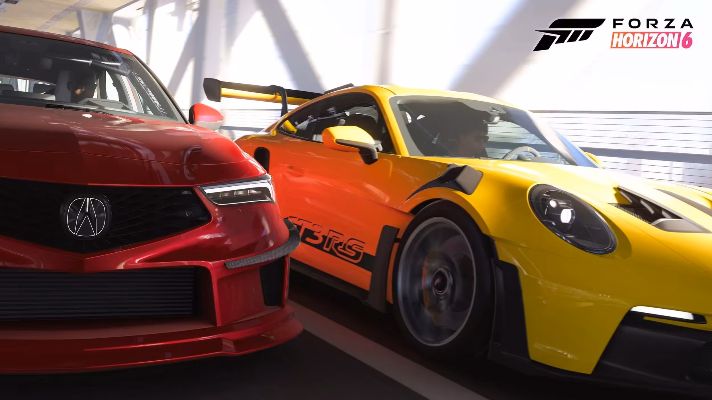 Forza Horizon 6 PC : configurations requises, RT Extrême en 4K sur RTX 5070 Ti et support Steam Deck 4 Voitures sport rouge et jaune en action, éclairage dramatique, Forza Horizon 6