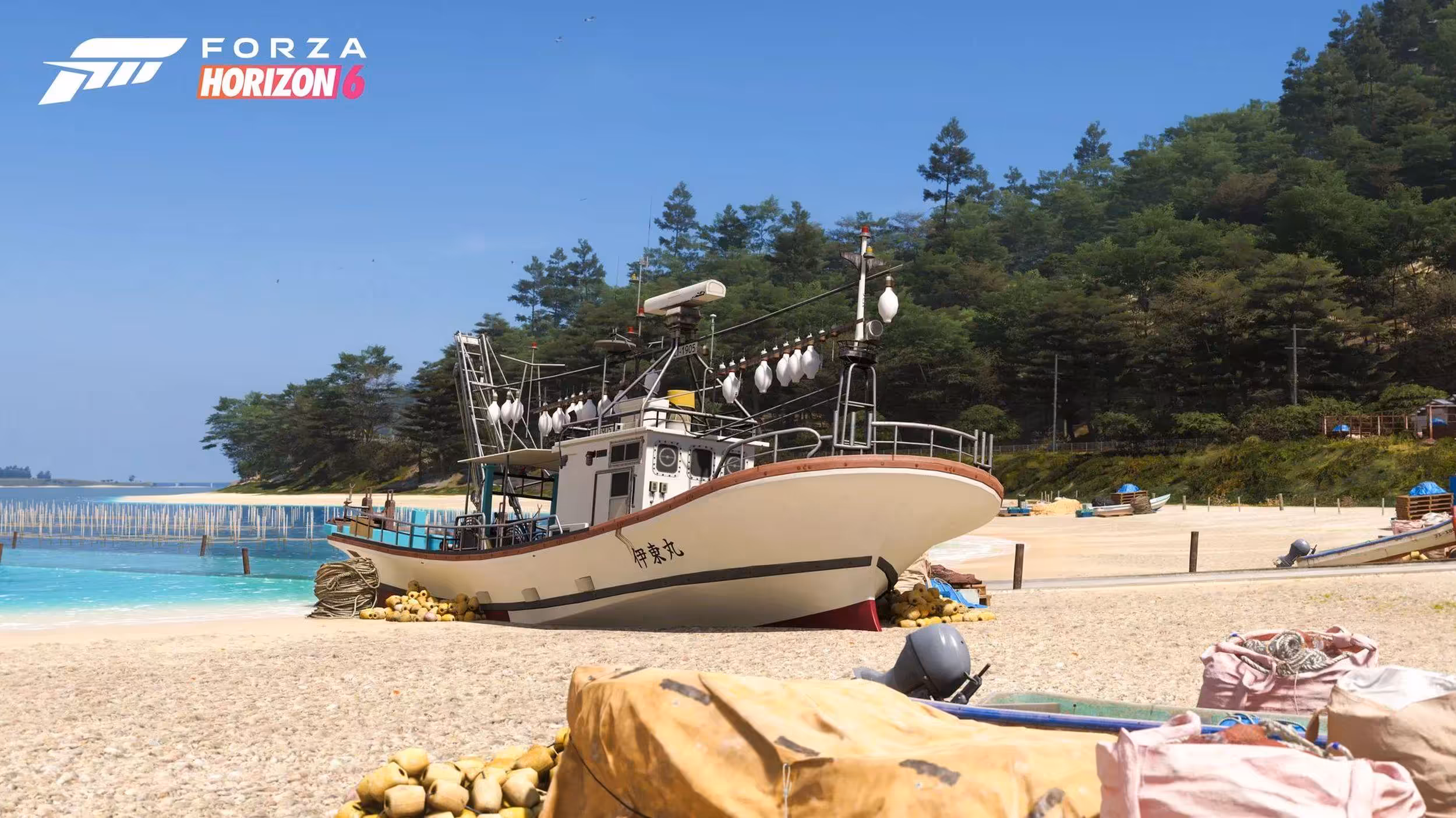 Forza Horizon 6 PC : configurations requises, RT Extrême en 4K sur RTX 5070 Ti et support Steam Deck 5 Bateau de pêche sur plage ensoleillée, Forza Horizon 6, atmosphère estivale