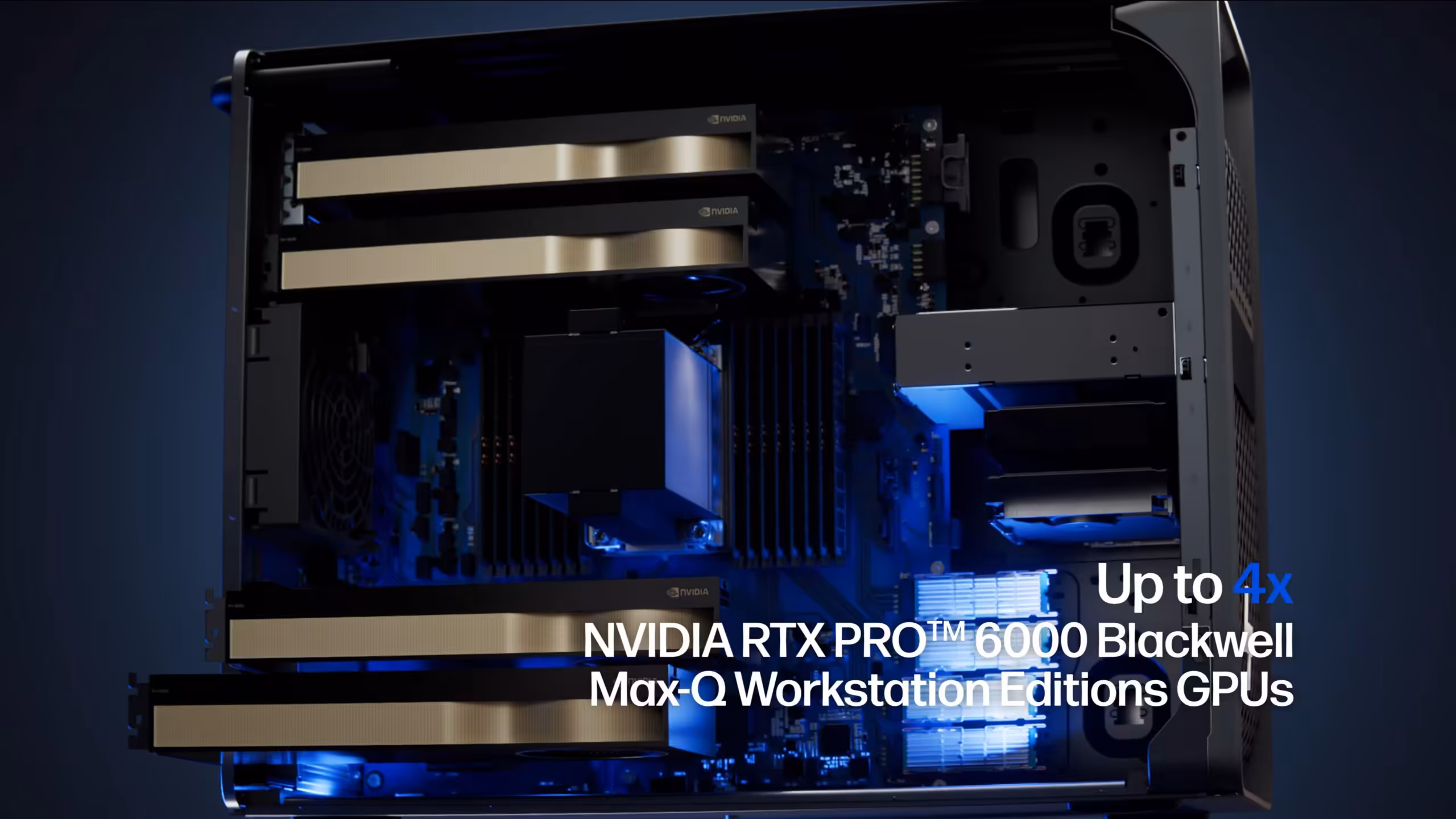 HP Z8 Fury G6i : jusqu’à quatre RTX PRO 6000 Blackwell et 384 Go de VRAM dans une tour 2 Vue interne du GPU NVIDIA RTX PRO 6000 avec texte blanc sur fond sombre.