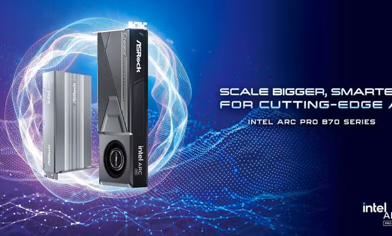 Intel Arc Pro B70 : ASRock décline deux cartes 32 Go pour création et serveurs 1 Cartes graphiques ASRock Intel Arc Pro B70 avec arrière-plan bleu et violet