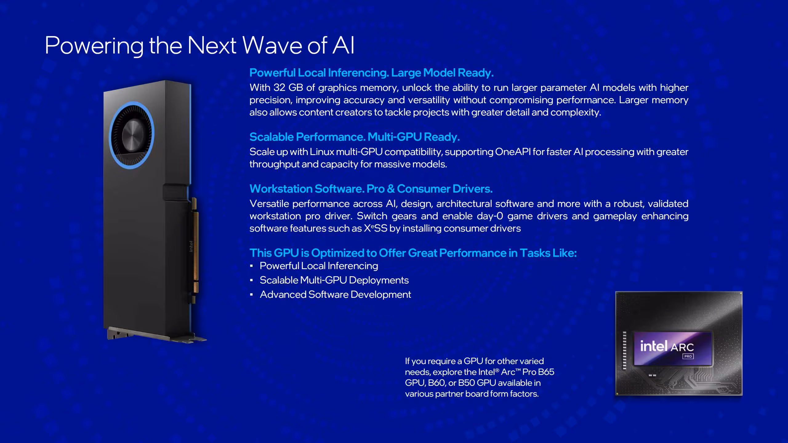 Intel Arc Pro B70 et B65 : 32 Go GDDR6, jusqu’à 367 TOPS, cap sur l’inférence locale 7 Image de carte graphique Intel pour puissance AI nouvelle génération, fond bleu.