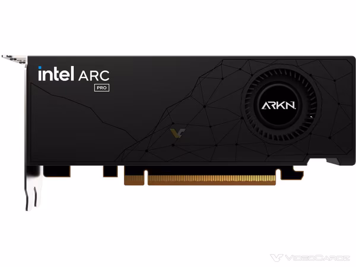 Intel Arc Pro B70 : ARKN rejoint les partenaires, la B60 24 Go déjà listée à 659,99 $ 6 Carte graphique Intel ARC Pro ARKN vue latérale, design épuré, fond blanc.