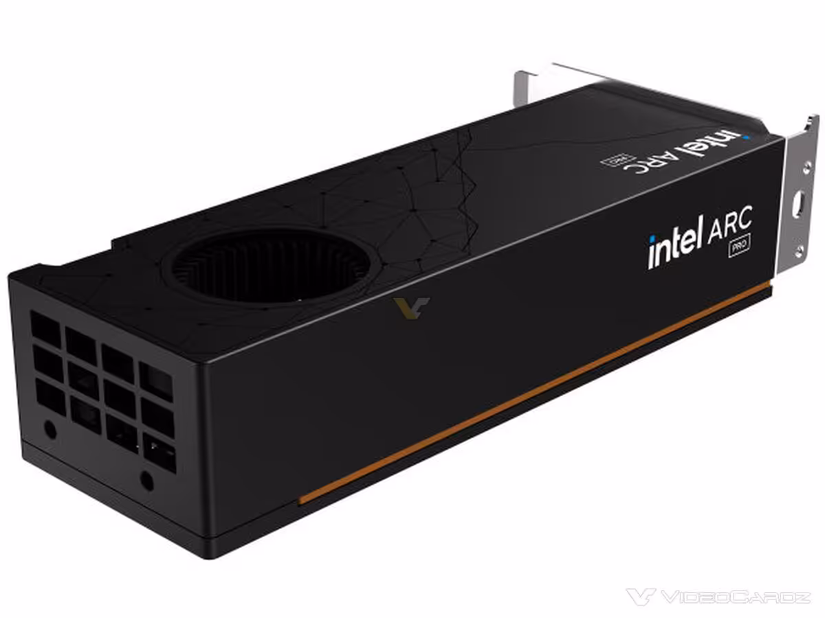 Intel Arc Pro B70 : ARKN rejoint les partenaires, la B60 24 Go déjà listée à 659,99 $ 7 Carte graphique Intel ARC Pro ARKN vue du dessus, montrant les connecteurs.