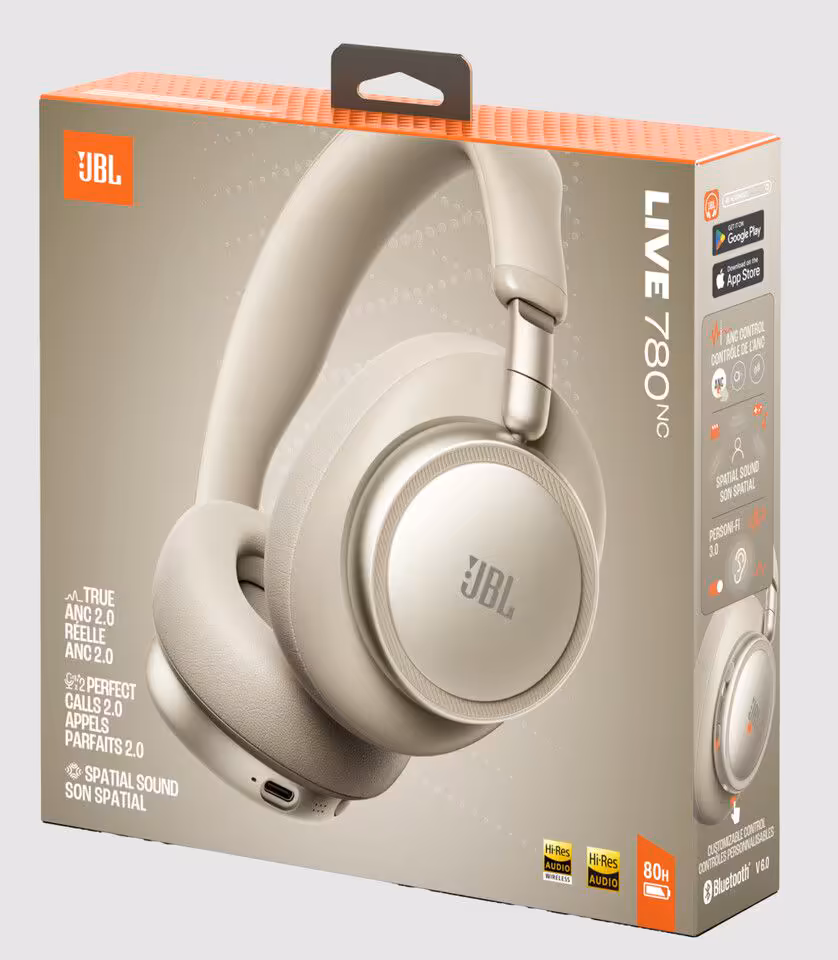 JBL Live 780NC et 680NC : ANC 2.0, drivers 40 mm et refonte design au SXSW 2 Boîte d'emballage JBL Live 780NC, détails ANC 2.0 et audio spatial.