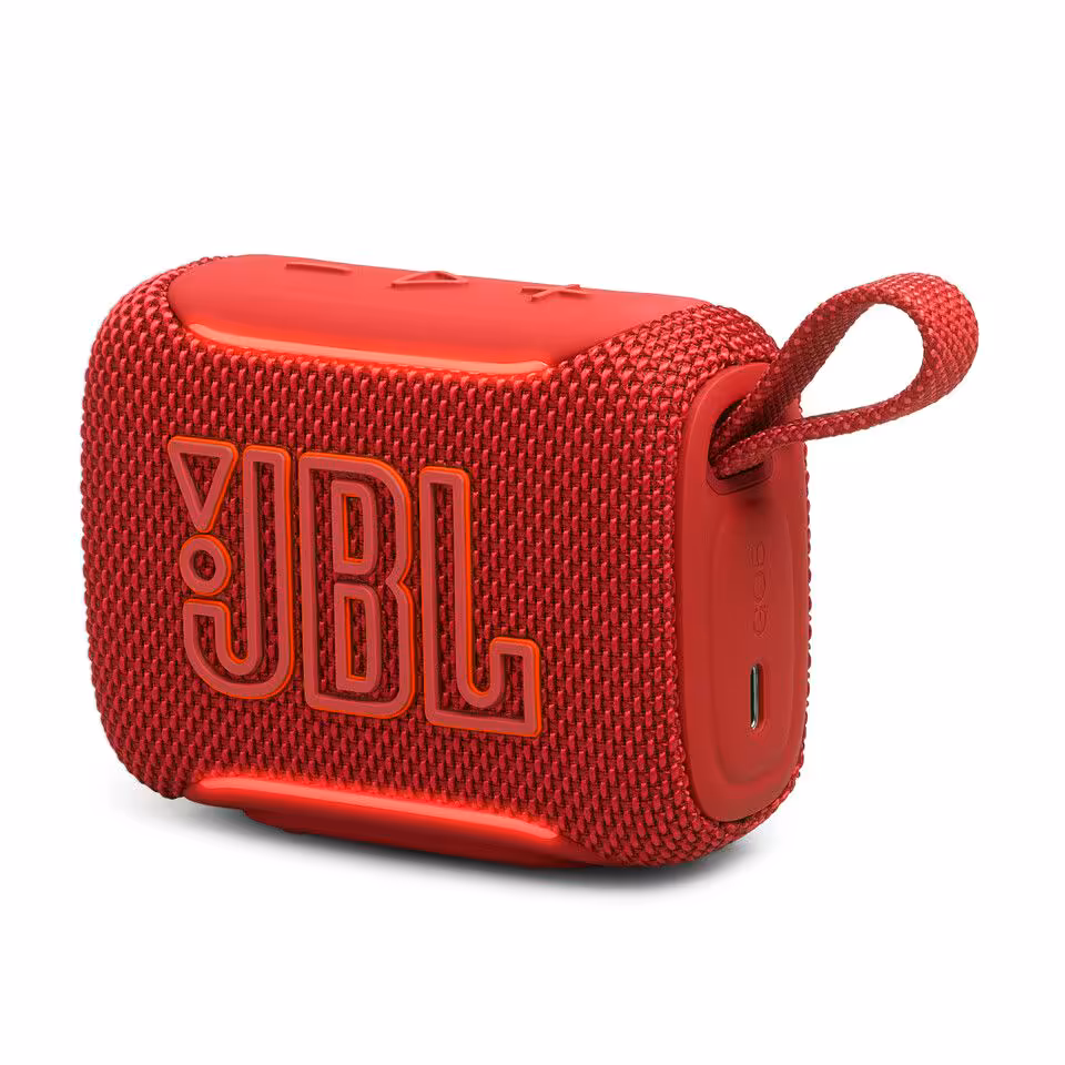 Enceinte portable JBL Go 5 rouge avec boucle de transport.