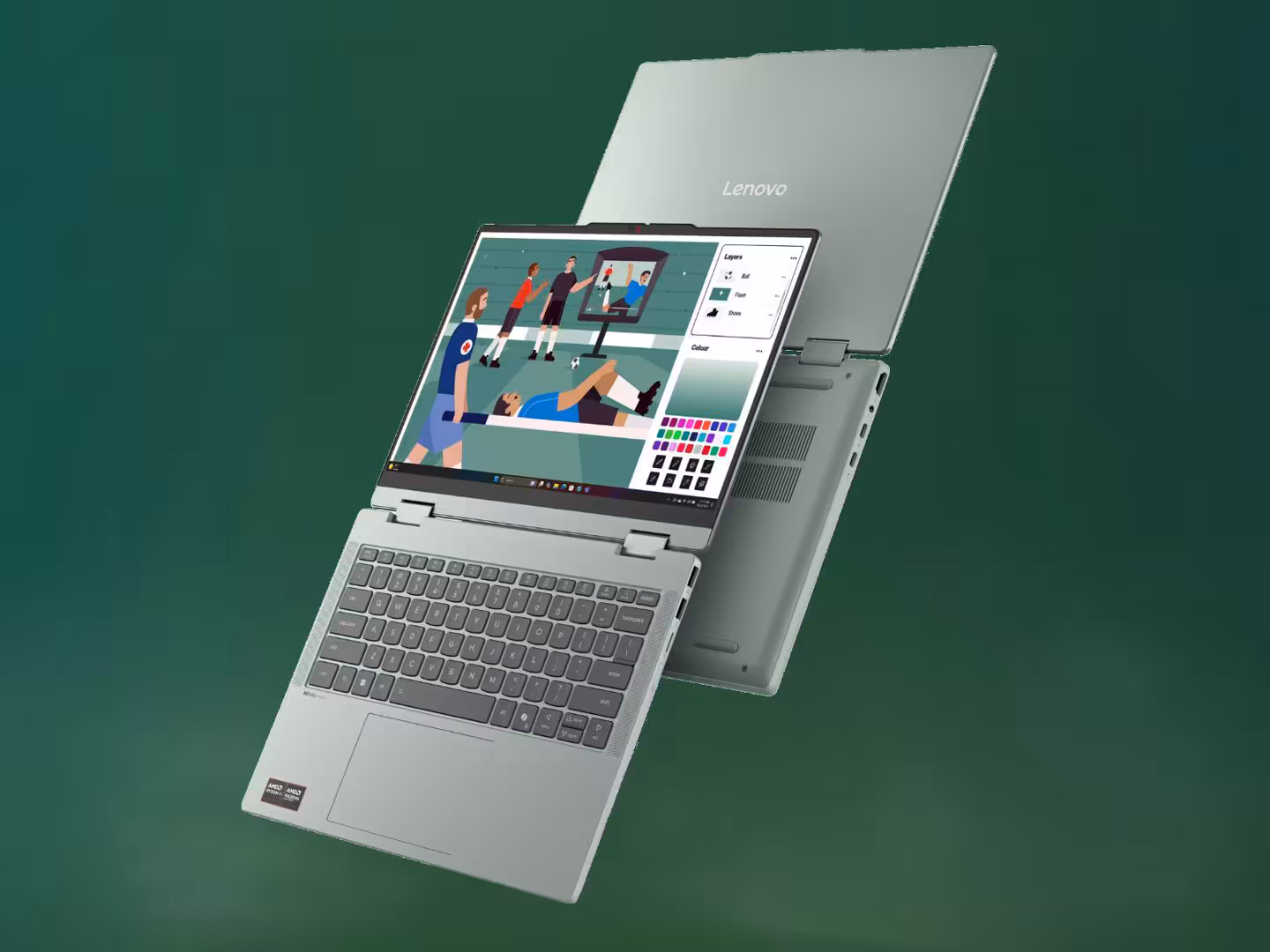 Ordinateur portable Lenovo IdeaPad 5i avec écran allumé, fond vert