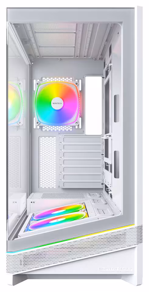 Vue latérale du boîtier Montech Sky 3 blanc avec ventilateurs ARGB visibles.