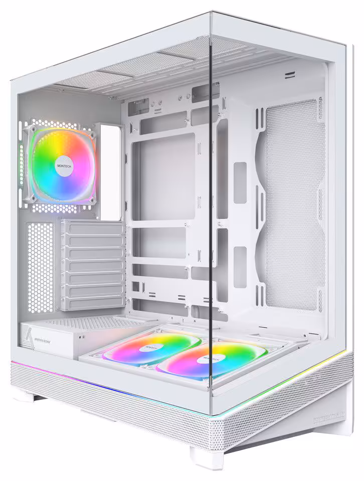 Boîtier Montech Sky 3 blanc avec panneau avant et ventilateurs ARGB colorés.