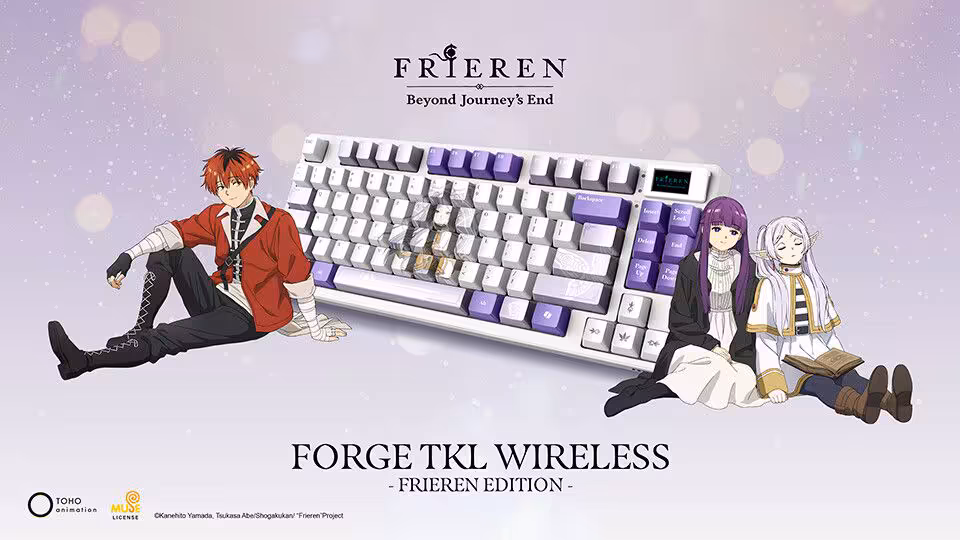 Clavier Forge TKL Wireless Frieren Edition avec trois personnages de l'anime.